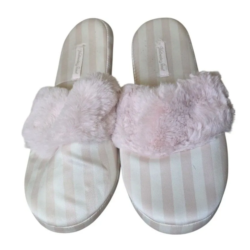 Victoria's Secret Satin Fur Pink White Stripe Slippers Women Size M (7-8) Angel