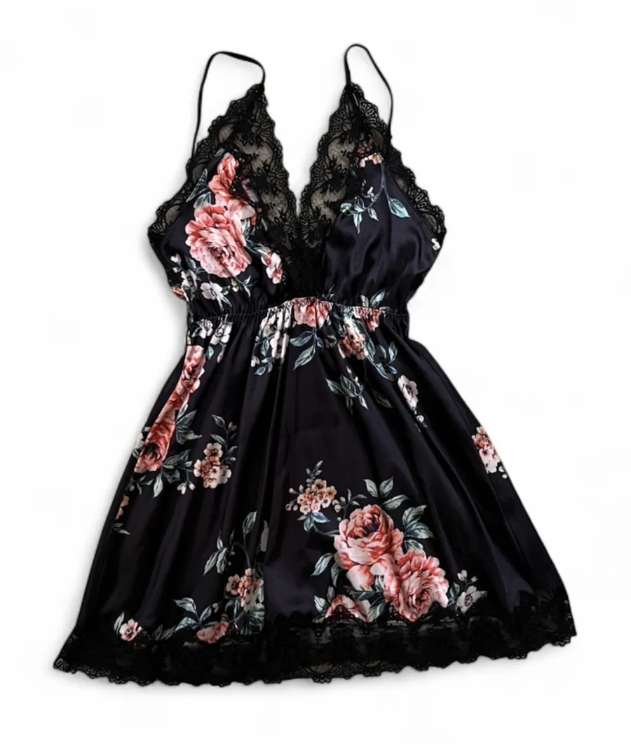 Floral Lace Satin Chemise Nightdress – Black Rose Print – Size S