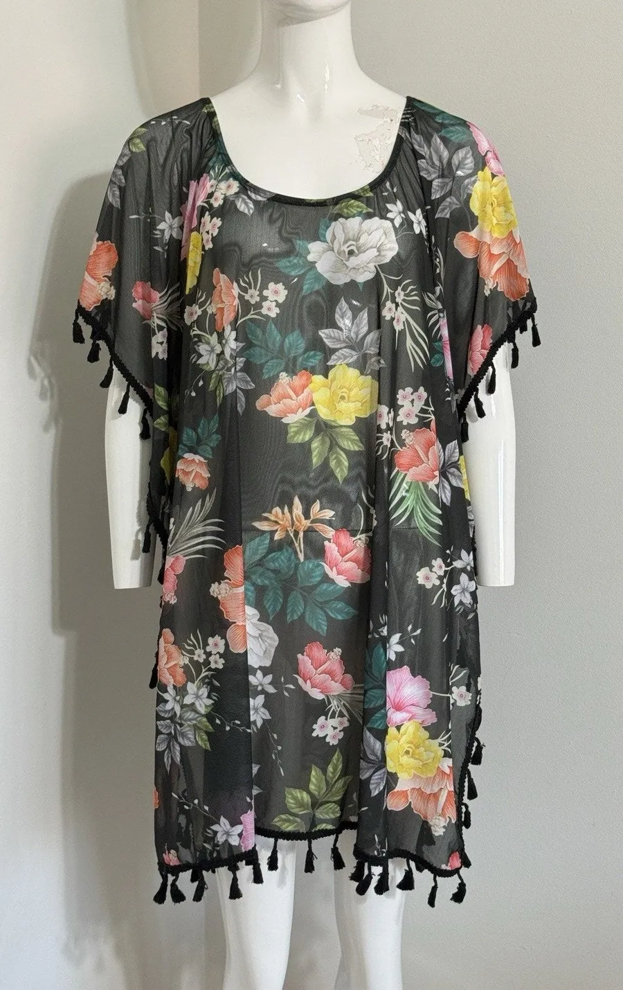 Women’s Floral Kaftan Tunic Swim Coverup Women Tassel Boho Beach Resort Wear 3XL Black Size undefined