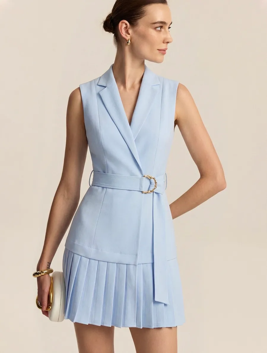 Belted Pleated Sleeveless Blazer Dress
