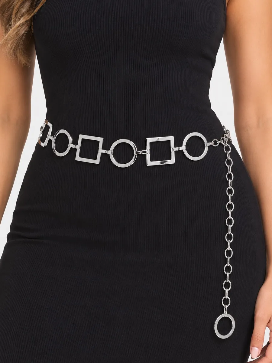 NWOT Silver 39” Circle Square Metal Chain Link Belt Geometric Adjustable Waist