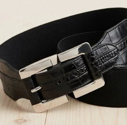 Black Croc-Embossed Stretch Waist Belt with Silver Buckle