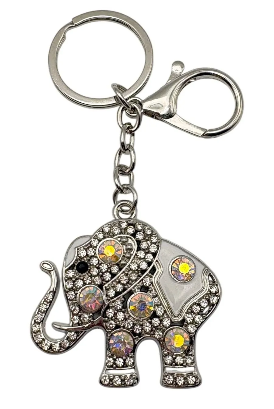 Elephant Keychain OS Silver Rhinestone Crystal Charm Accessory Bag Tag Bling New