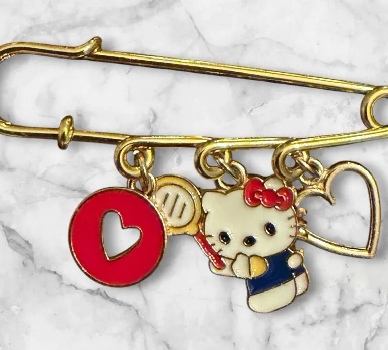 Hello Kitty Gold-Tone Charm Pin with Red Heart and Cream Charm