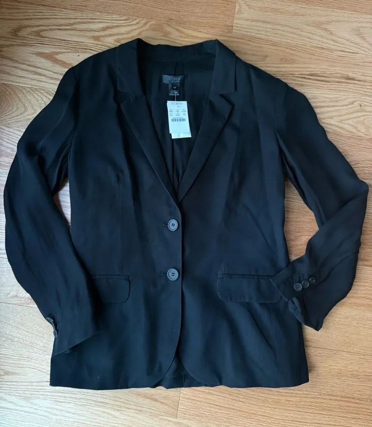 NWT J.Crew Collection 100% Silk Blazer Black Two Button Petite Size 4P
