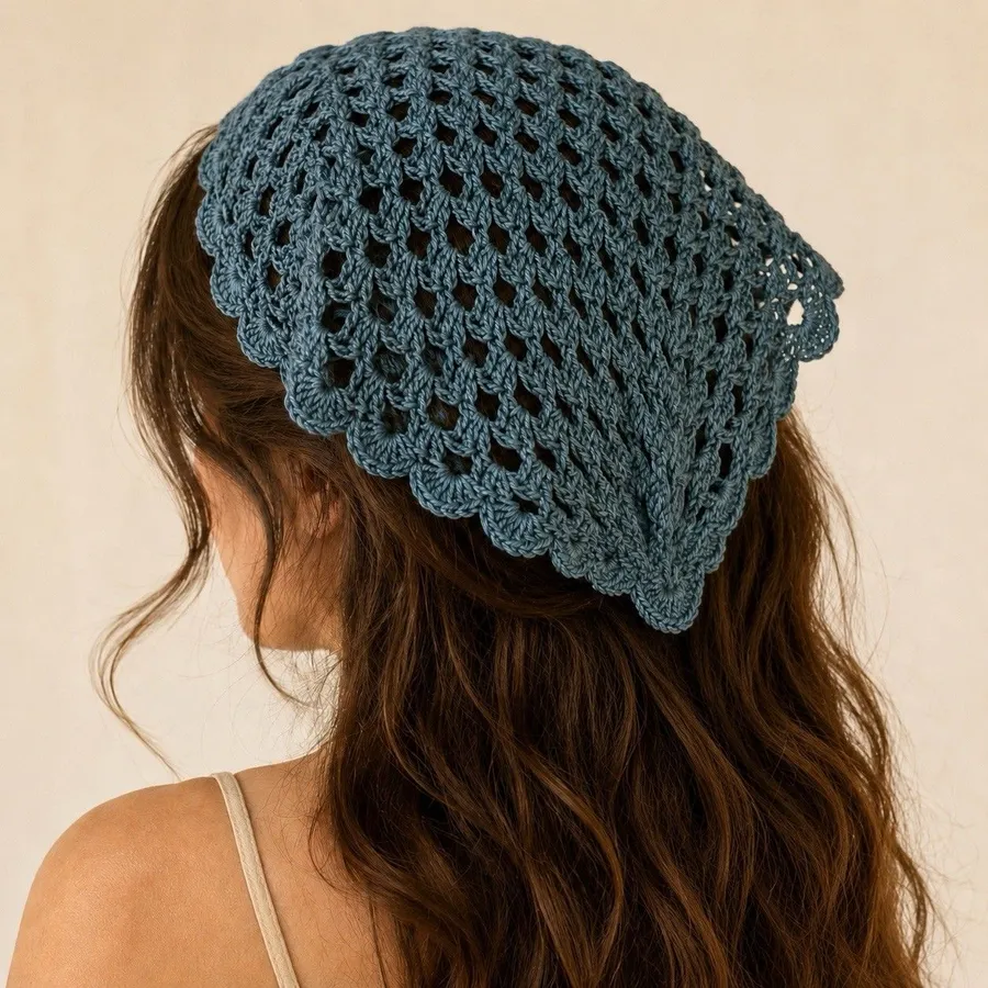 Handmade Crochet Triangle Headscarf Bandana Dusty Blue Boho