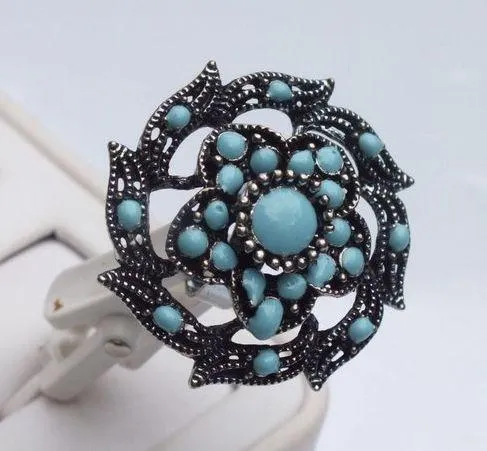 Southwest Style Statement Ring with Silver and Blue Color Accents, Size 6 1/2