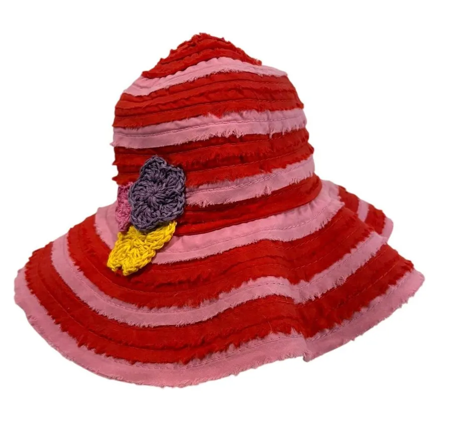 Red and Pink Striped Fringed Bucket Hat with Crochet Flowers Women S/M