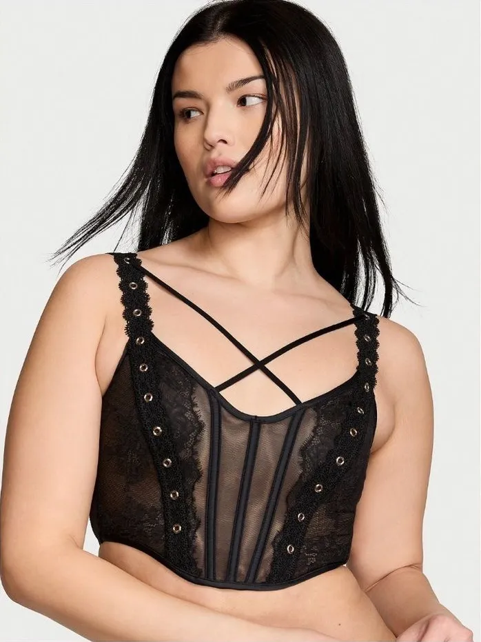 Victoria’s Secret Corset Top S Black Lace Grommet Strappy Festival NWT