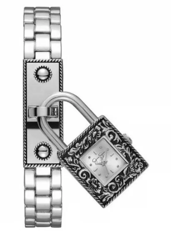 Jessica Simpson Silver Tone Bracelet Lock Dangle Watch, New In Box
