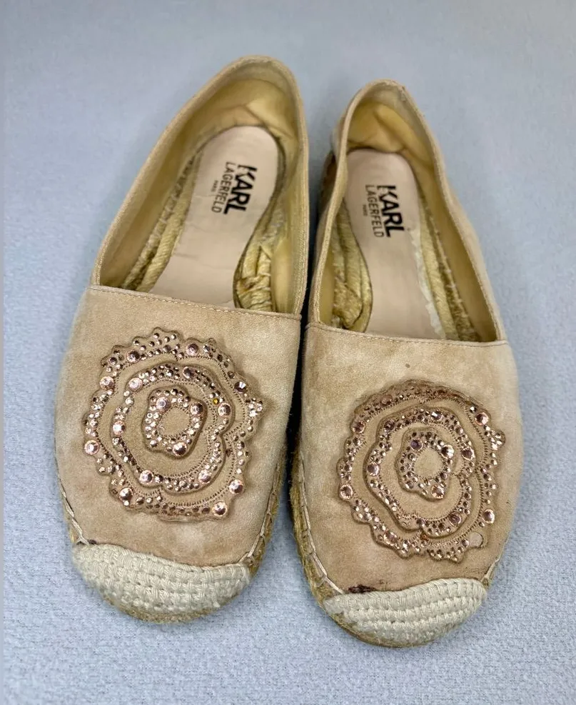 Karl Lagerfeld Paris Espadrille Flats Tan Studded Slip On 8
