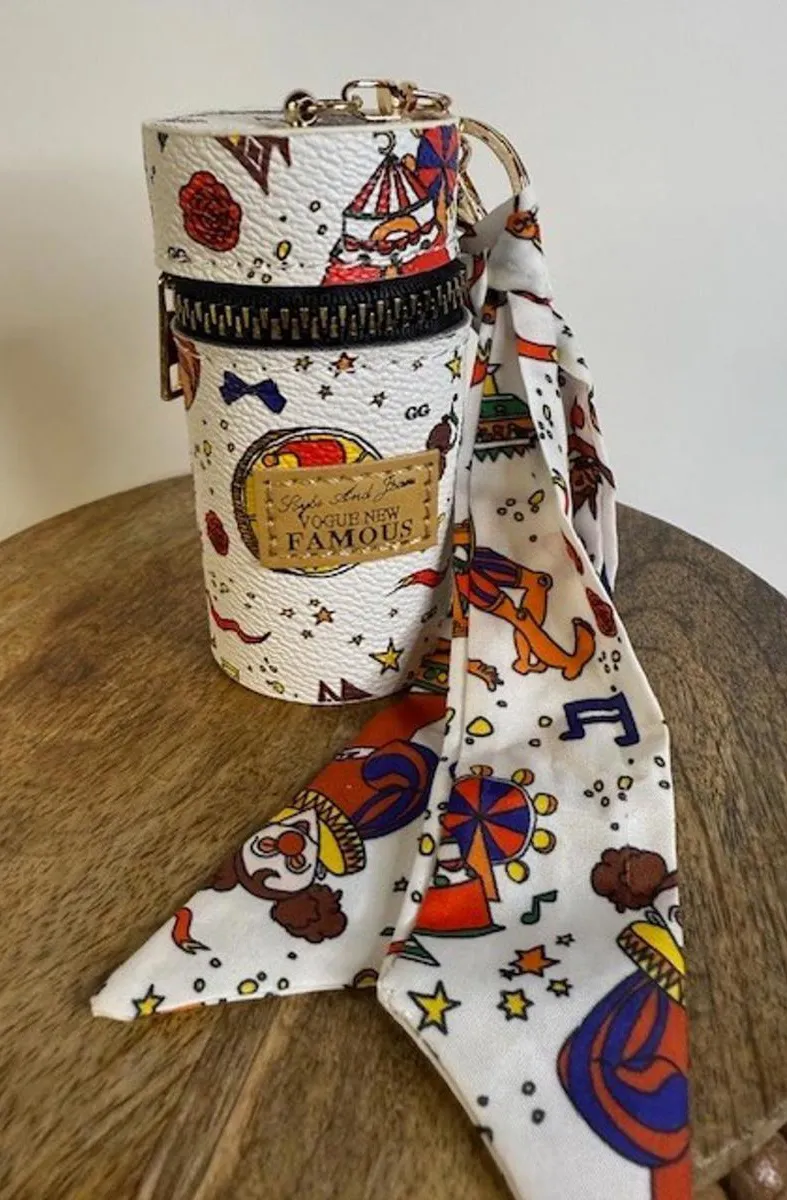 Circus Print Mini Barrel Bag Charm Keychain Case AirPods Coin Pouch NWT White