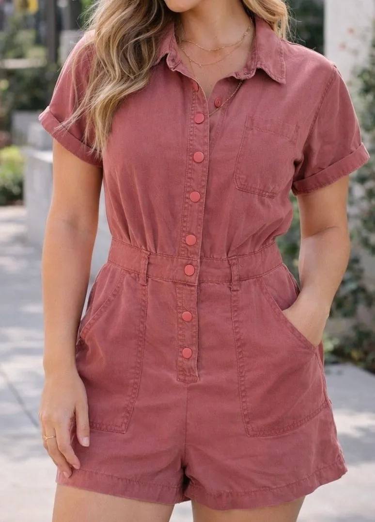 Urban Outfitters Rose Pink Utility Romper Button Front Short Sleeve Snall Safar