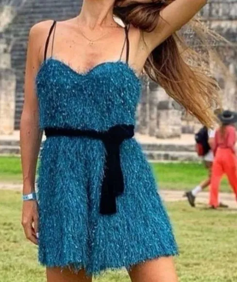 Zara Blue Fringed Belted Playsuit Romper Size L NWT