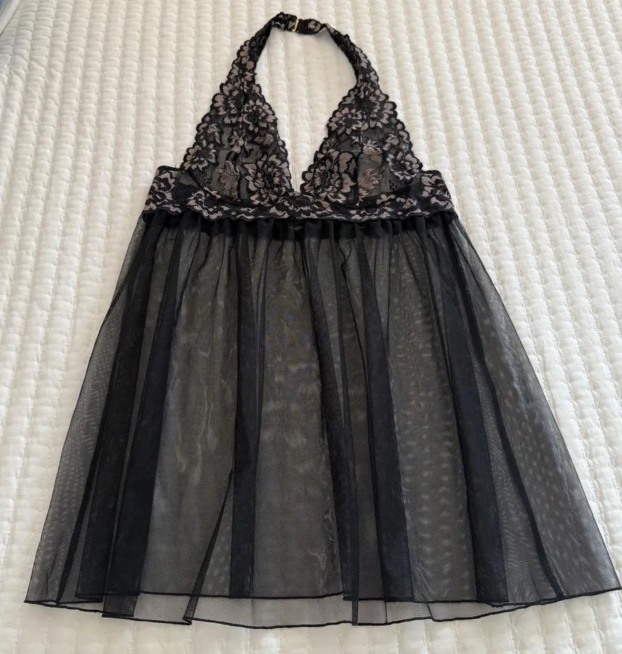 Victoria’s Secret Black Halter Top M Medium Sheer Mesh Lace Slip Dress Lingerie
