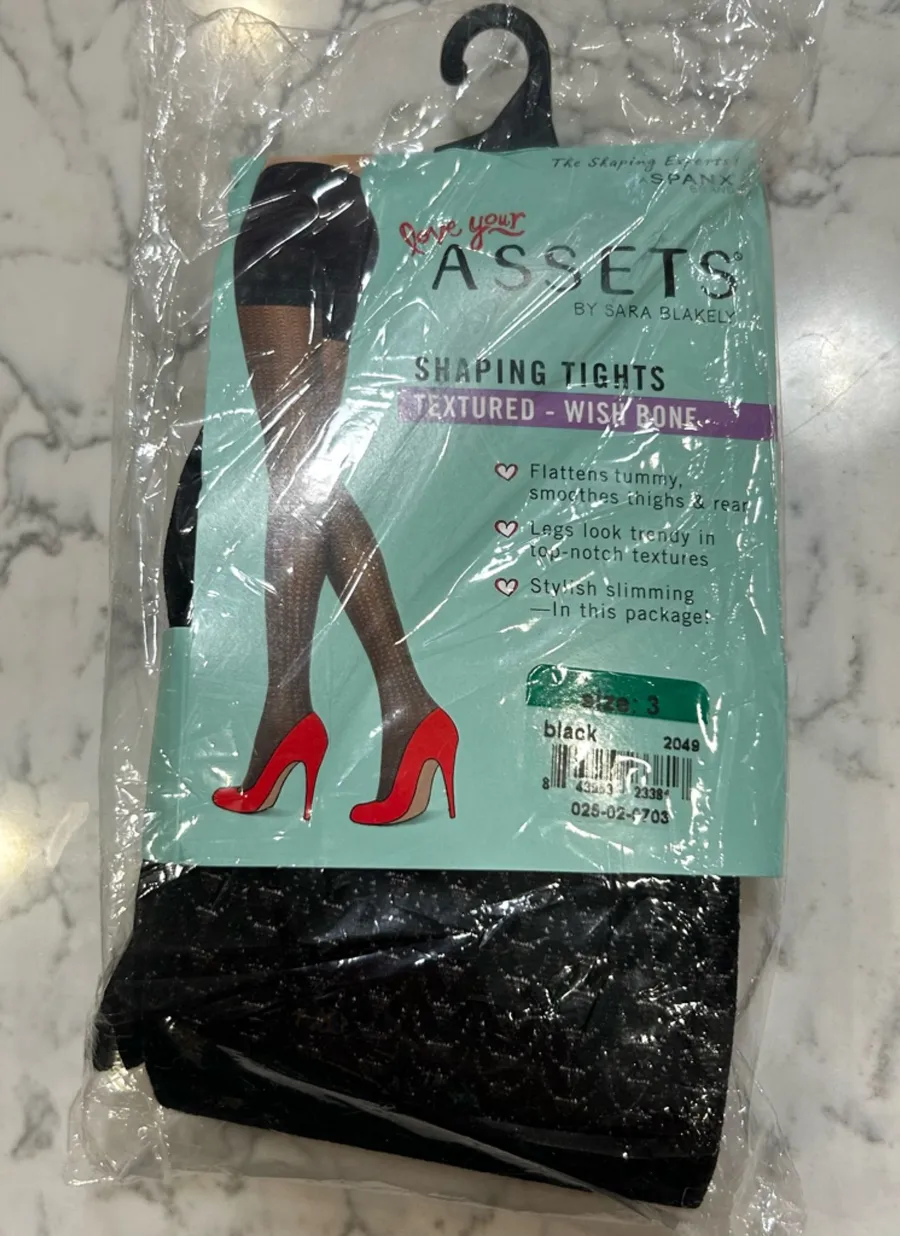 NWT Assets by Spanx Black Shaping Tights Textured Wish Bone Size 3