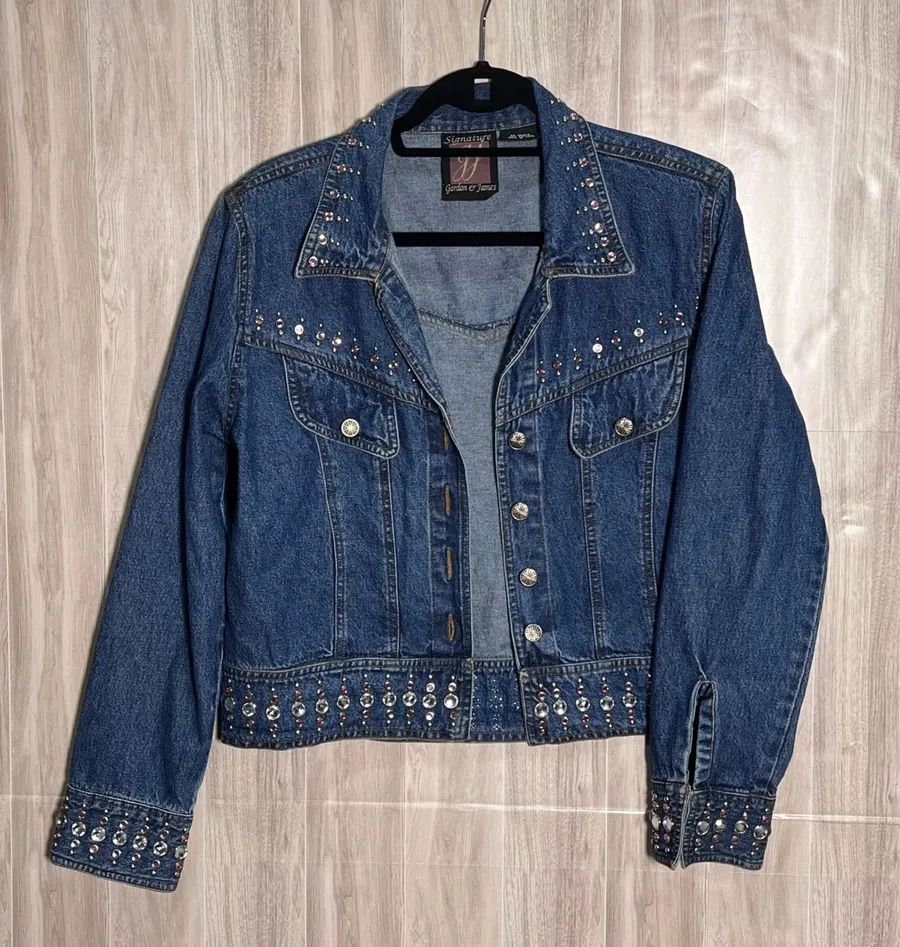 Gordon & James Embellished Rhinestone Denim Jean Jacket Western Studded Large Blue