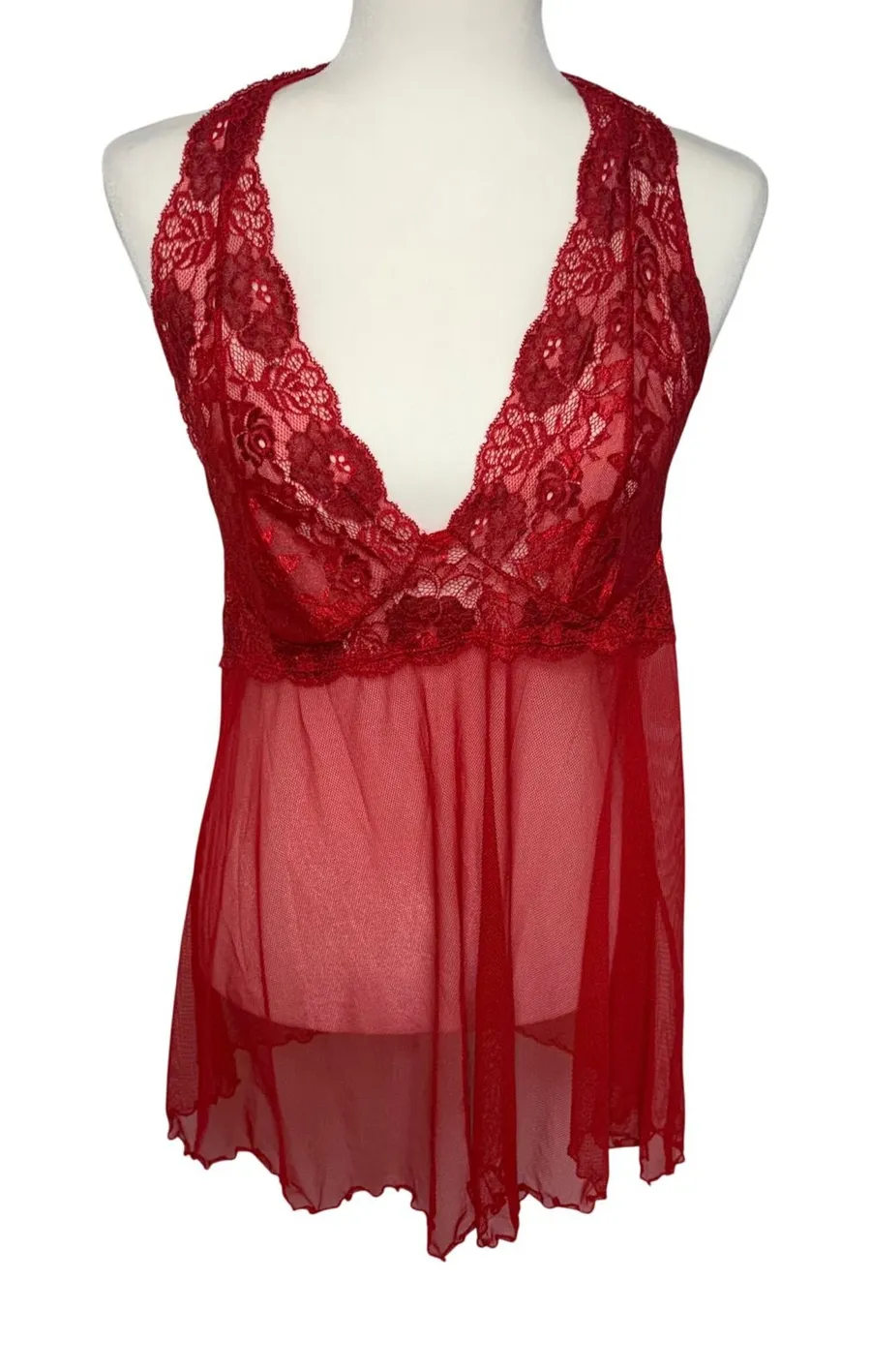 Victorias Secret Red Lace Mesh Babydoll Chemise Lingerie sz L Mini Slip Romantic