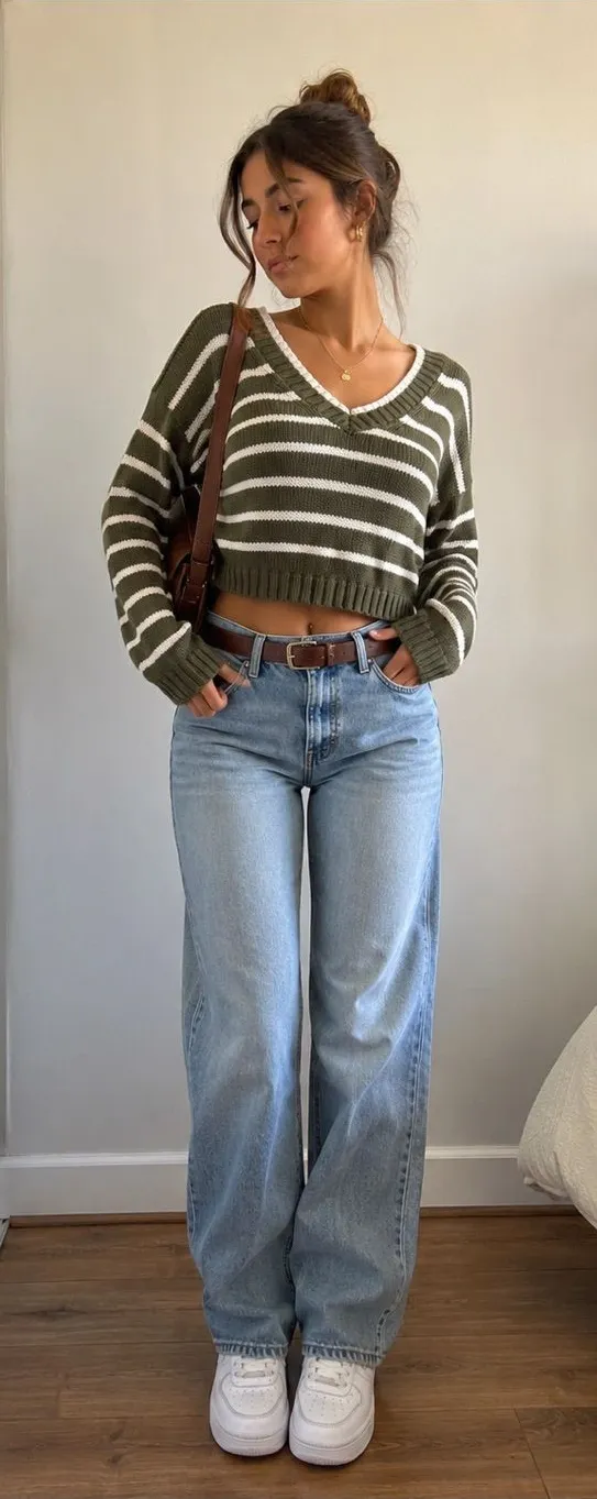 American Eagle Olive Green & Cream Striped Cropped V-Neck Sweater XS