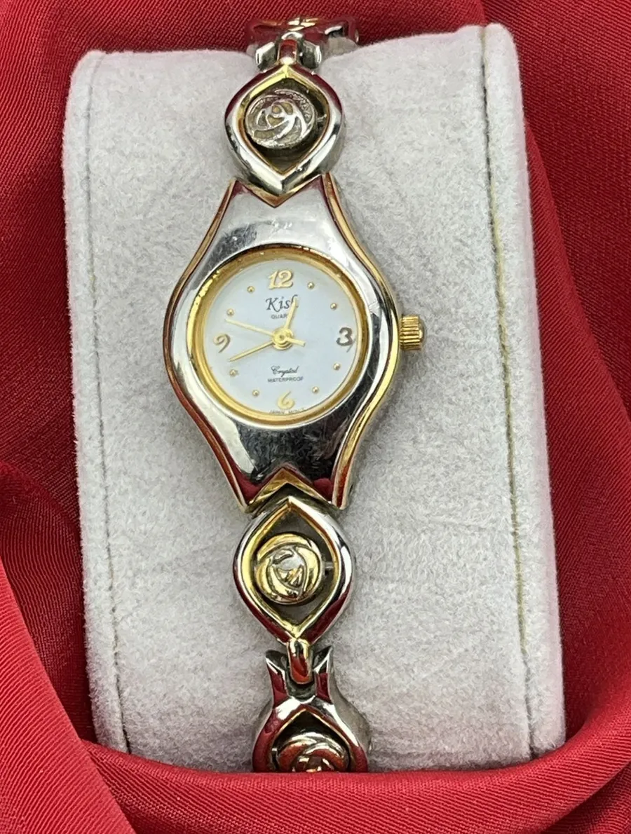 Kish Womens Crystal Watch GoldTone Bracelet Quartz Waterproof New Battery