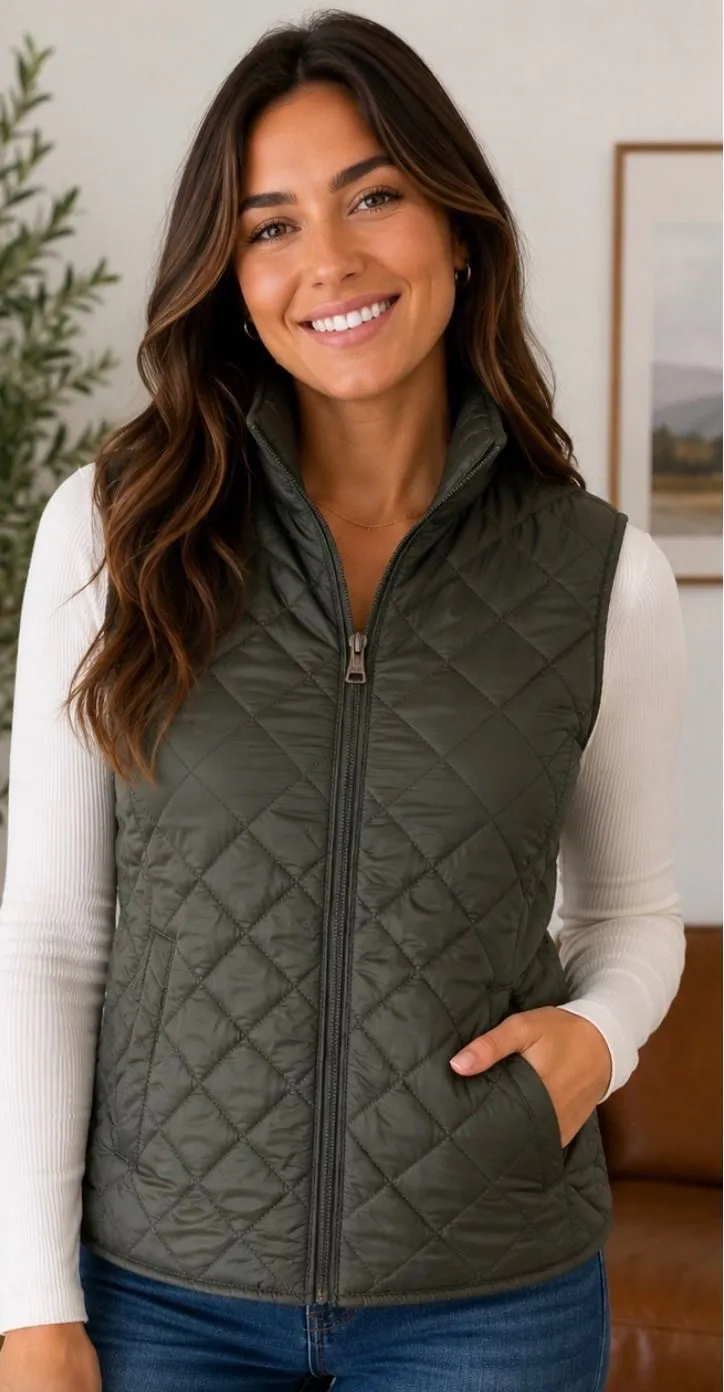 Weatherproof Vintage Womens Quilted Puffer Vest Olive Green Full Zip Large