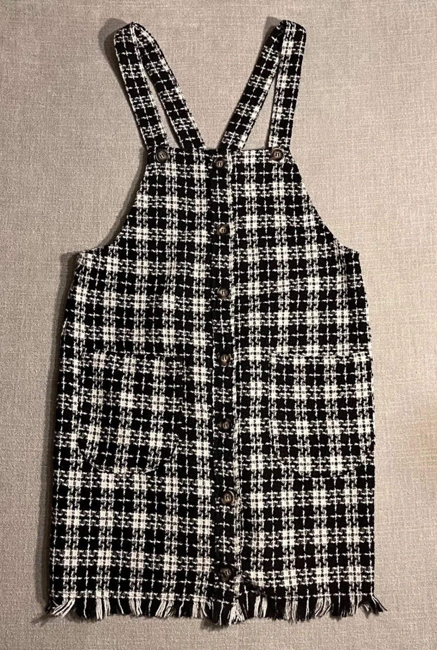KORI Black White Plaid Tweed Fringe Overall Mini Dress Size Large