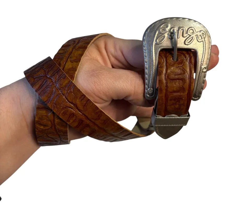 Bongo Western Belt Embossed Crocodile Pattern Silver Buckle Women's Size 29 Y2K Brown