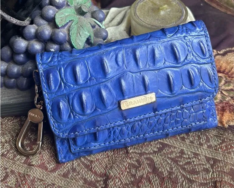 Authentic Brahmin Cobalt Croc-Embossed Leather snap flap Card Case w keychain