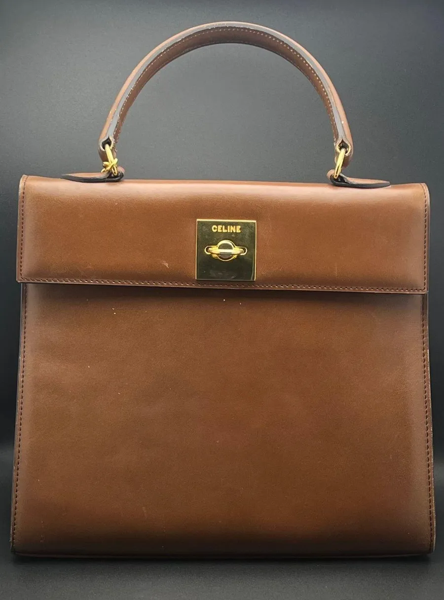 Celine Vintage Tan Leather Top Handle Bag Gold Hardware Made in France Brown