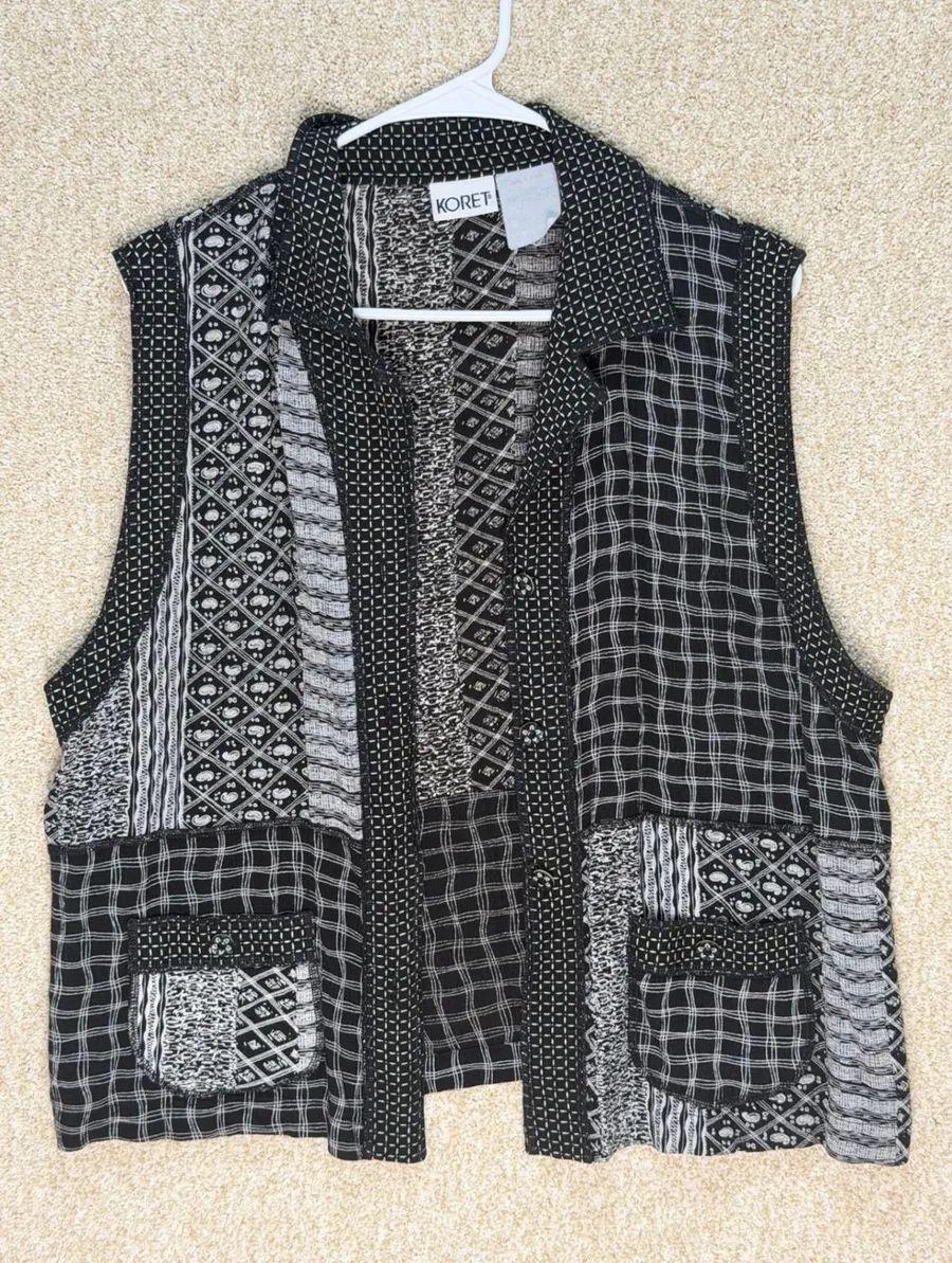 Koret Womens Black White Patchwork Button Front Vest Collared Mixed Print Boho Size M