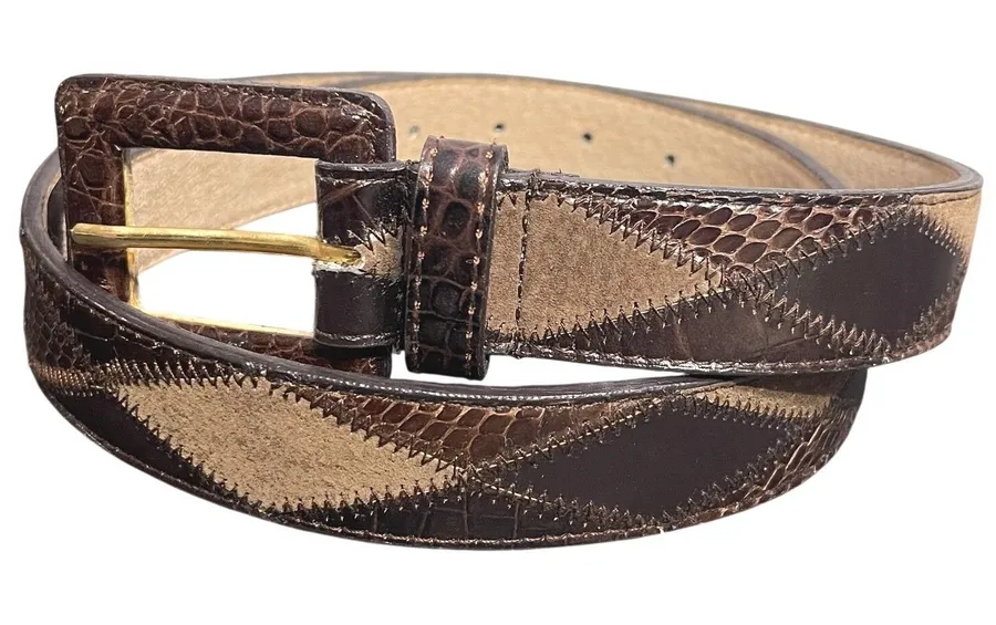 Vintage 80s Brown Croc Embossed Patchwork Leather Belt Gold Buckle Western Boho Size L