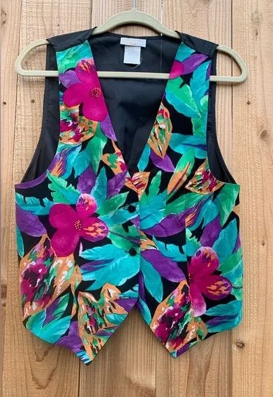Vintage Vest Shirt DonnKenny Classics Women's Size Medium Floral Blue Black