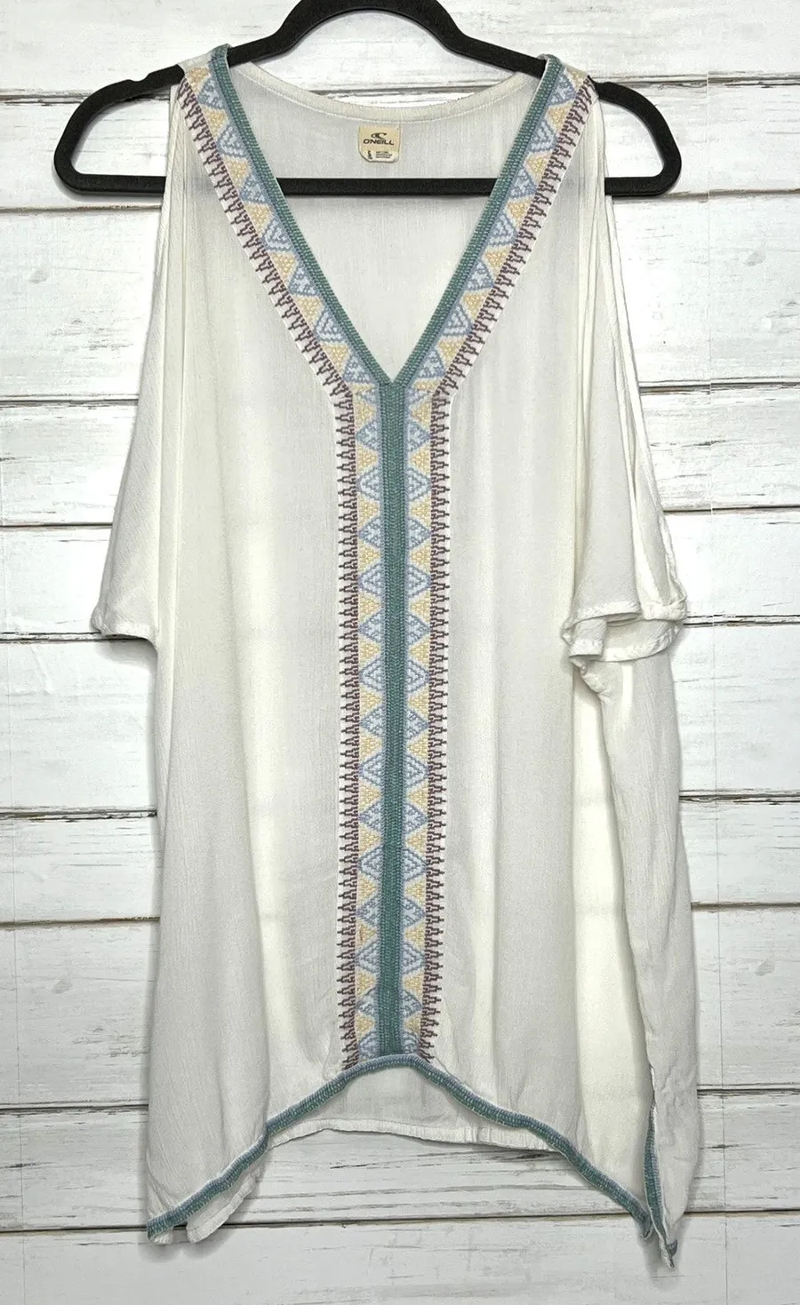 O’Neill Boho Tunic Top Small Ivory Embroidered V Neck Flowy Beach Cover Up