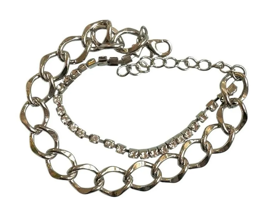 Silver tone rhinestone double strand bracelet