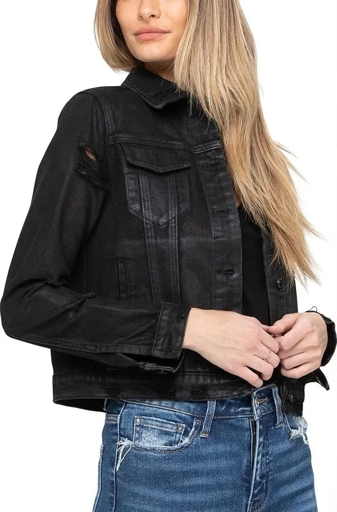 Vervet black coated distressed denim jacket classic crop fit size large