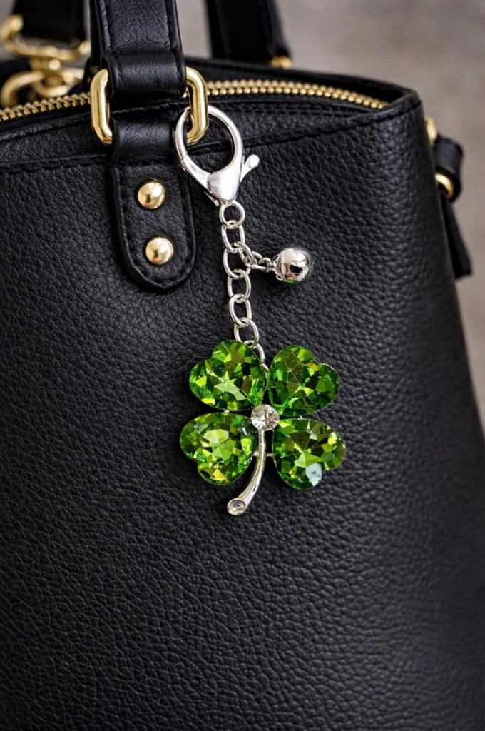 Green Crystal Shamrock Jeweled Silver Keychain with lucky bell