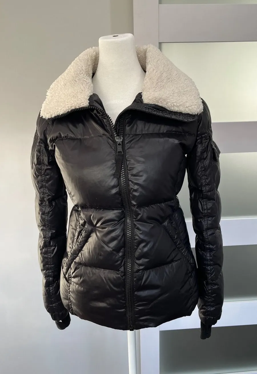 S13 New York Black Puffer Jacket Sherpa Collar Quilted Down Fill Women's XS