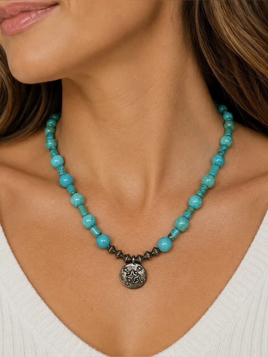 Southwestern Vintage Howlite Turquoise Necklace Toggle Clasp 17 Inches Silver