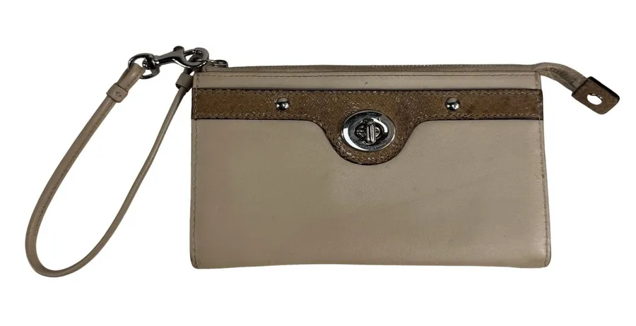 Coach Wristlet Wallet Turnlock Snakeskin Trim Leather Beige ID Pockets NO FOB