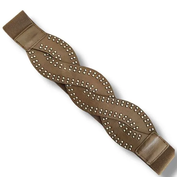 Women's Brown Vegan Faux Leather Studded Wide Braided Elastic Belt M/L 30”