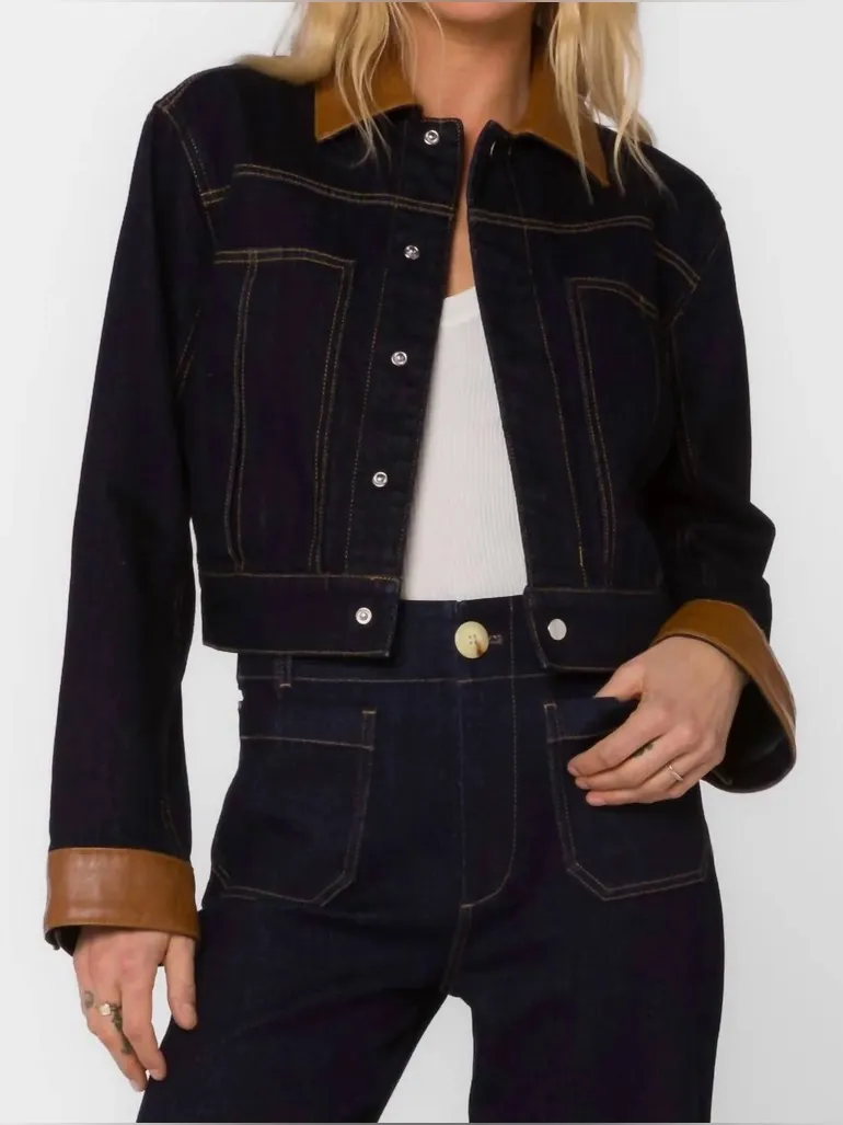 Velvet Heart Delphia Cropped Denim Jacket Dark Indigo Faux Leather Collar Size S