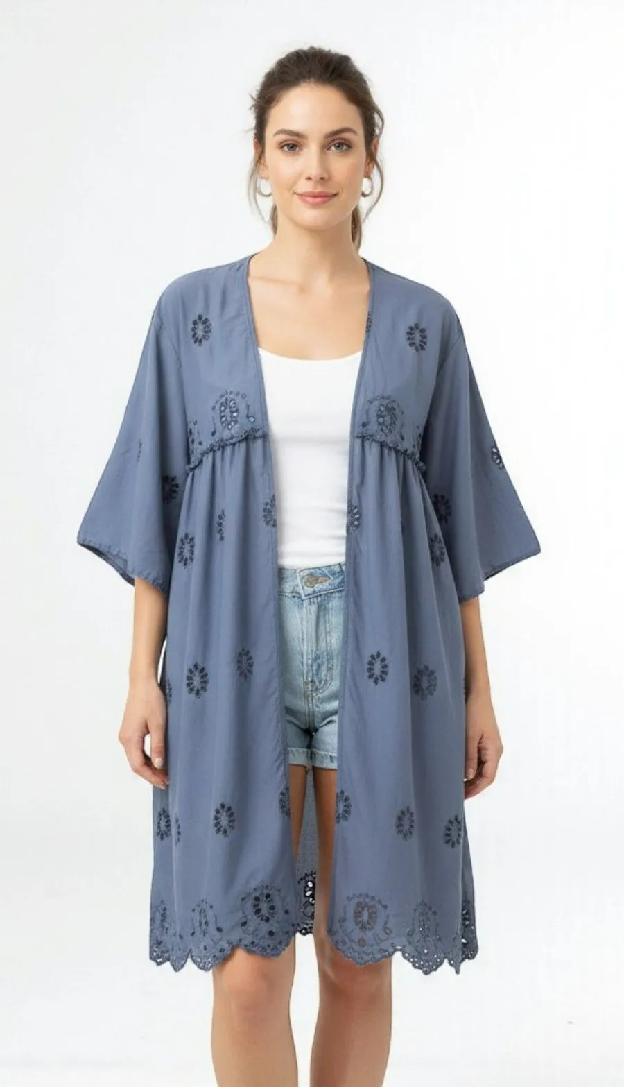American Eagle Indigo Embroidered Kimono Duster XS/S Lace Caftan Cover Up