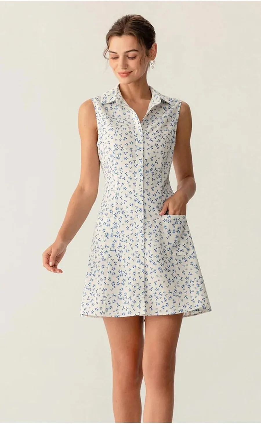 RIHOAS Blue Floral Pocket Sleeveless Mini Dress S