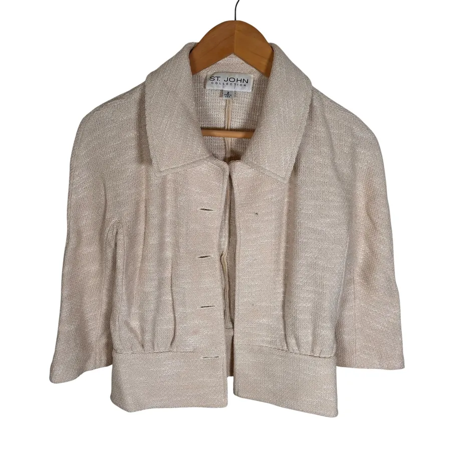 St John Collection Womens Beige Santana Knit 3/4 Sleeve Jacket Size 2 USA