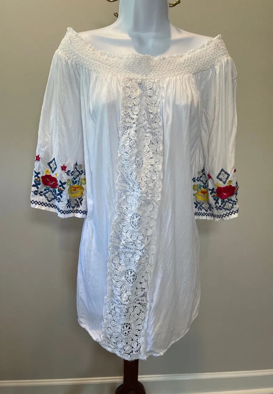Blue Island Off Shoulder White Cover Up Lace Resort wear Beachwear Poolside Sz L