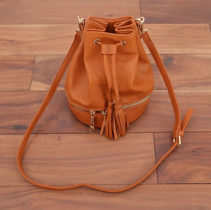 Cognac Brown Faux Leather Drawstring Bucket Bag Tassel Crossbody Zipper Bottom