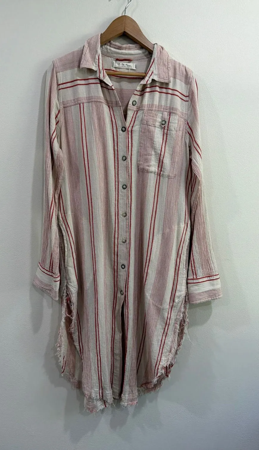 Free People We The Free Striped Tunic Shirt Red White Frayed Hem Large