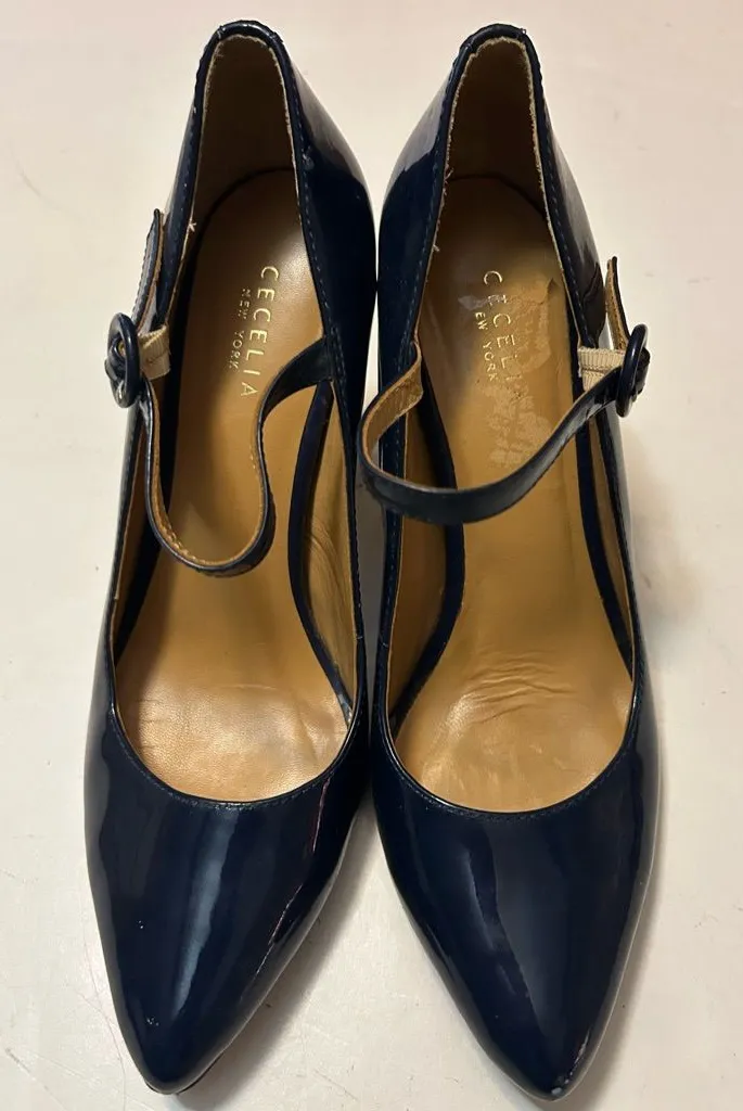 CECELIA NEW YORK Navy Patent Mary Jane Pointed Pumps Blue Size 8