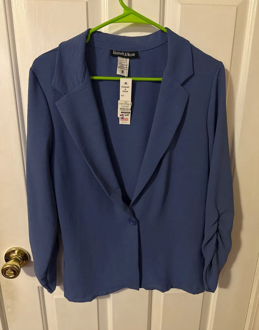 Elizabeth & Nicole Blue Ruched Sleeve Blazer Single Button NWT medium office