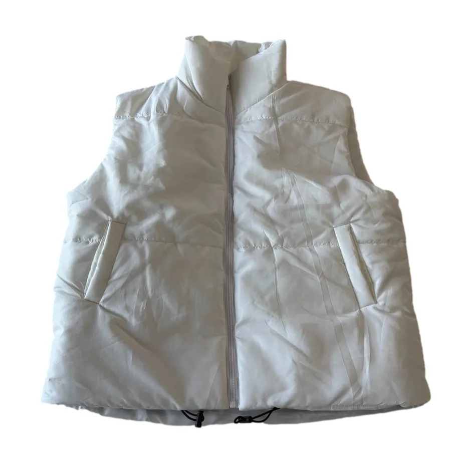 Women's White Puffer Vest Full Zip Front and Ripcord Waist Size M #26070 Size M